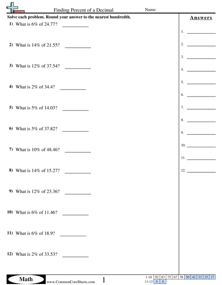 Finding Percent of a Decimal Worksheet - Finding Percent of a Decimal worksheet